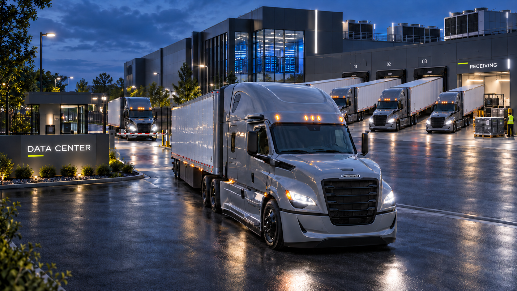 Concept illustration of a 2026 fifth-generation Cascadia tractor-trailer leaving a modern data center, with other trucks at freight receiving docks.
